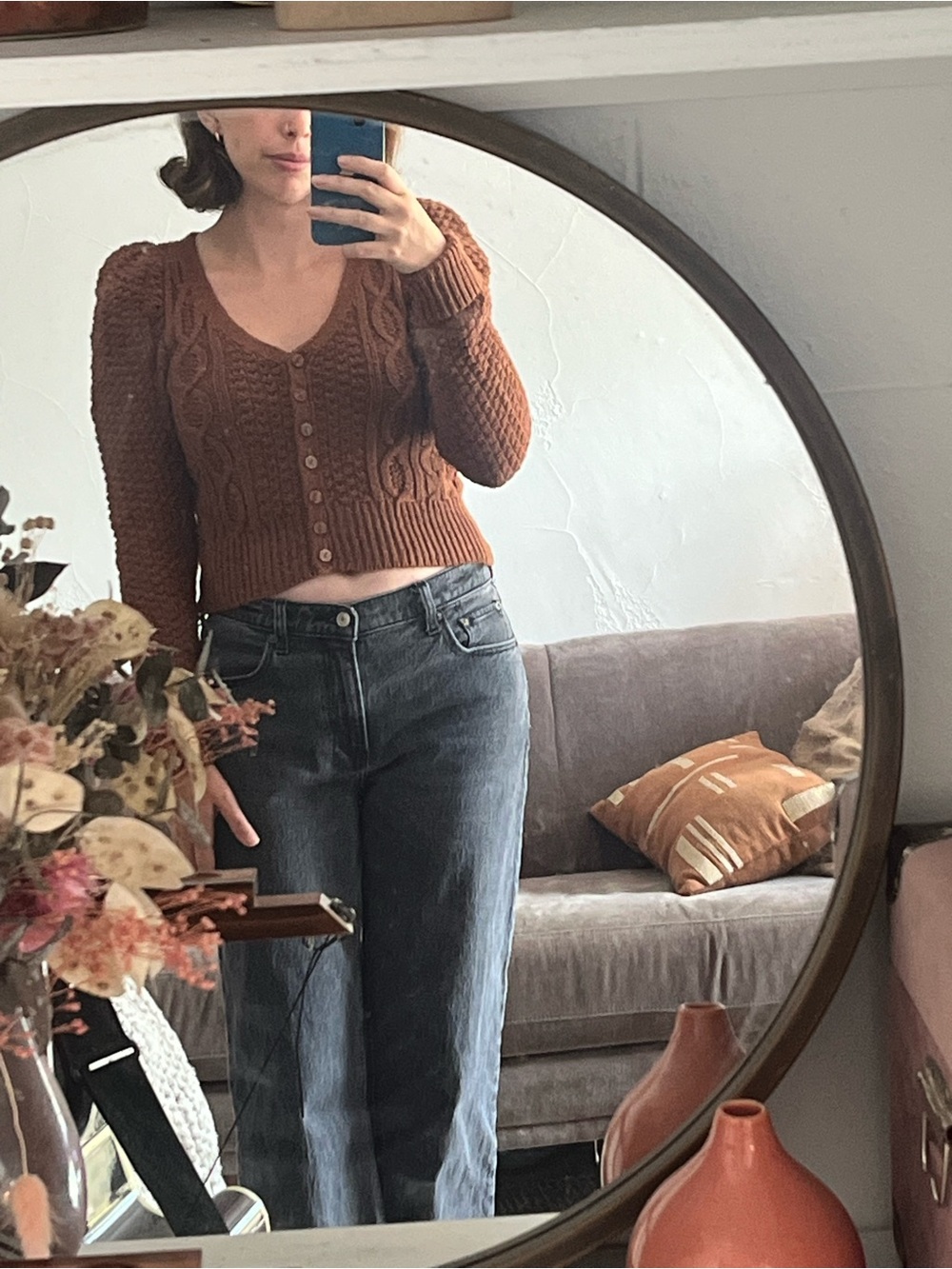 Abercrombie & Fitch puff sleeve brown cable knit cardigan sweater